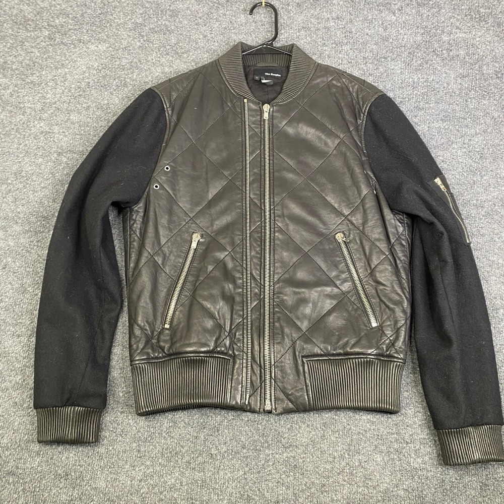 The Kooples Mens Quilted Leather Bomber Jacket Mixed Media Black Large L